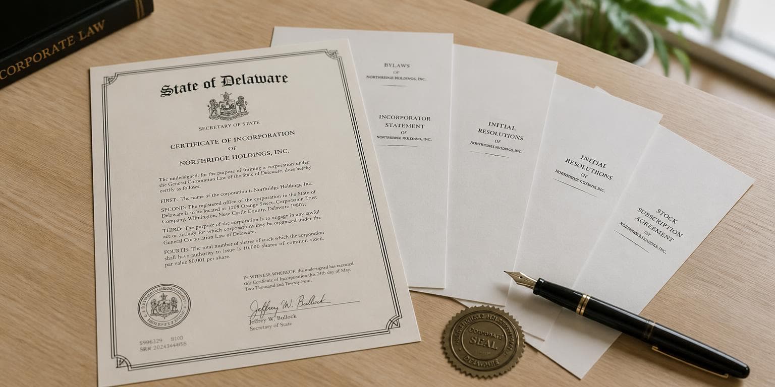 Delaware certificate of incorporation and formation documents on a desk